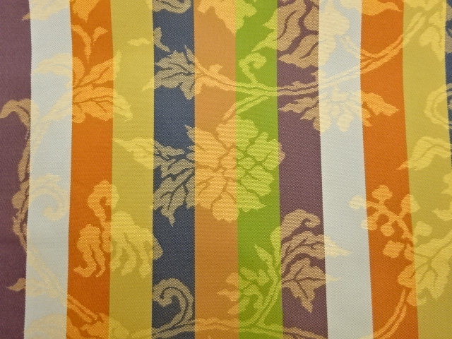  花唐草に縞模様織出し全通袋帯